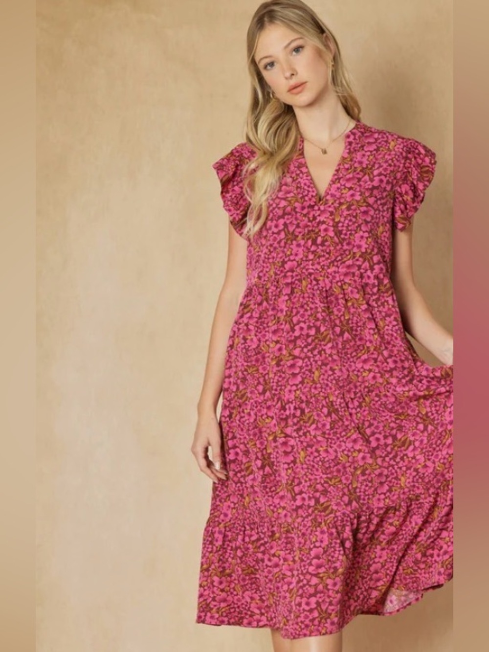 Entro Floral Tiered Ruffle Midi Dress
